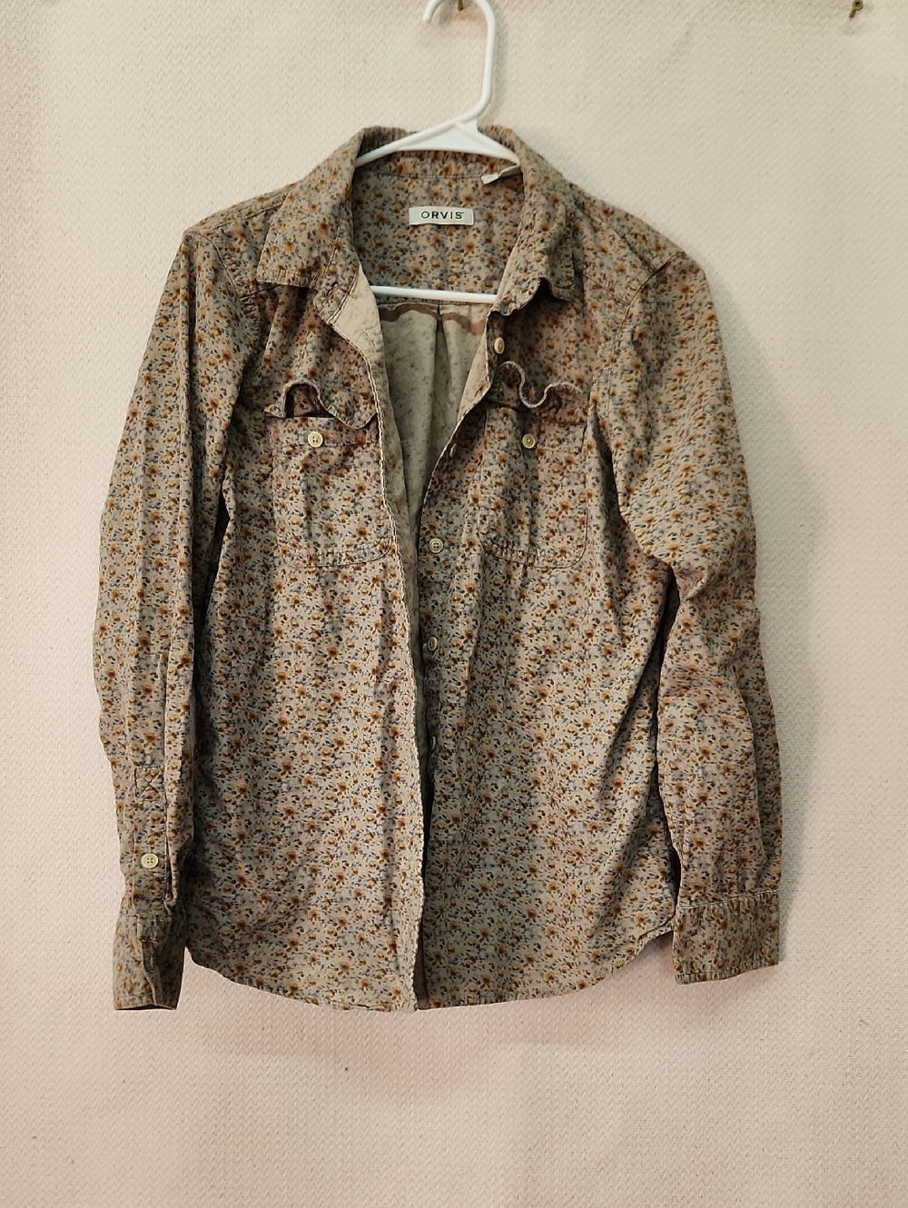 Orvis Taupe Floral Button-Up with Mustard Accents